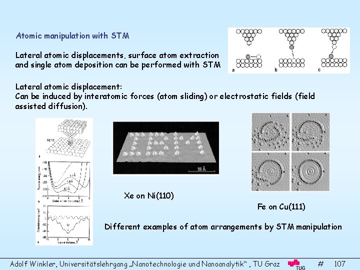 Atomic manipulation with STM Lateral atomic displacements, surface atom extraction and single atom deposition