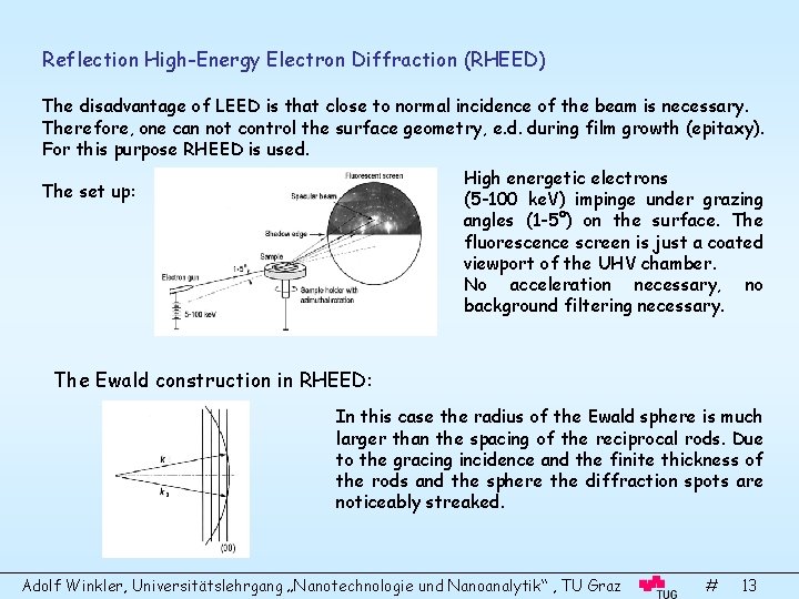 Reflection High-Energy Electron Diffraction (RHEED) The disadvantage of LEED is that close to normal