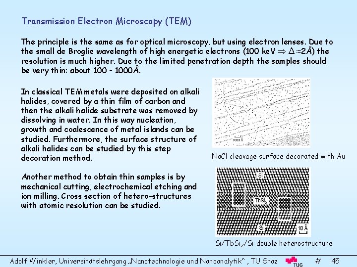 Transmission Electron Microscopy (TEM) The principle is the same as for optical microscopy, but