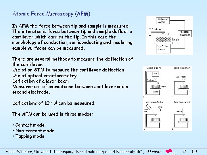 Atomic Force Microscopy (AFM) In AFM the force between tip and sample is measured.