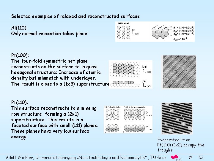 Selected examples of relaxed and reconstructed surfaces Al(110): Only normal relaxation takes place Pt(100):