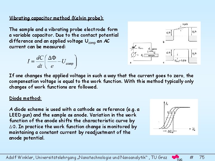 Vibrating capacitor method (Kelvin probe): The sample and a vibrating probe electrode form a