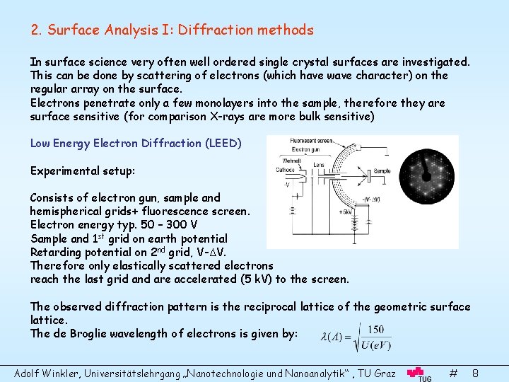 2. Surface Analysis I: Diffraction methods In surface science very often well ordered single