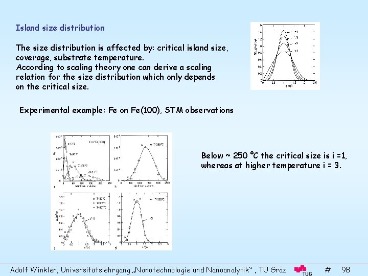 Island size distribution The size distribution is affected by: critical island size, coverage, substrate