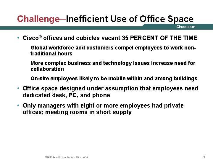 Challenge─Inefficient Use of Office Space • Cisco® offices and cubicles vacant 35 PERCENT OF