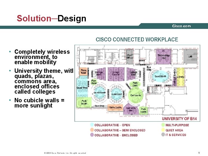 Solution─Design • Completely wireless environment, to enable mobility • University theme, with quads, plazas,