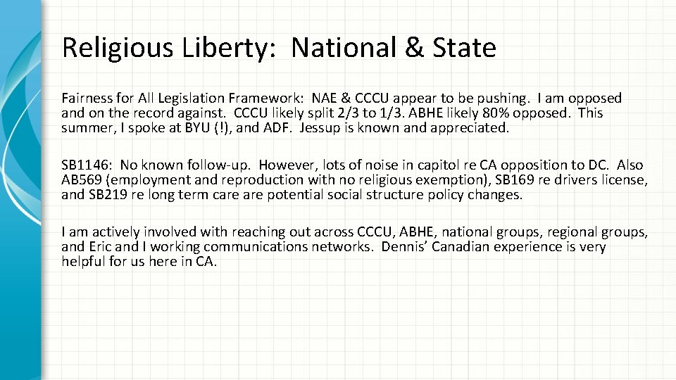 Religious Liberty: National & State Fairness for All Legislation Framework: NAE & CCCU appear