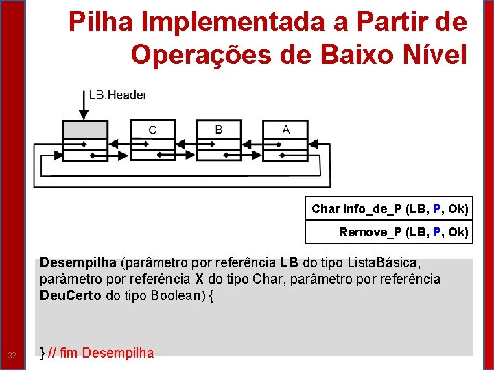 Pilha Implementada a Partir de Operações de Baixo Nível Char Info_de_P (LB, P, Ok)