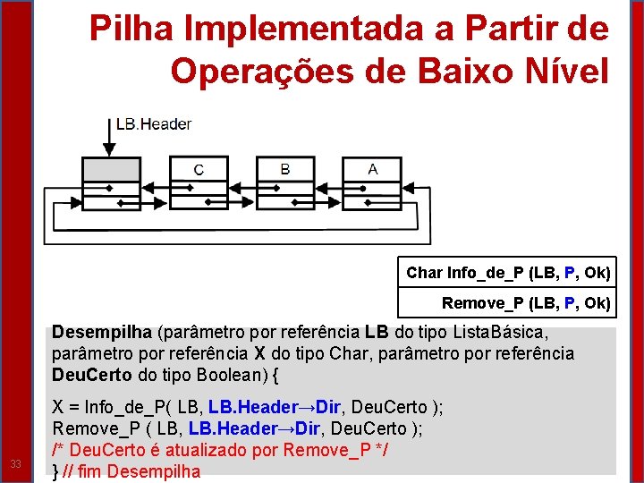 Pilha Implementada a Partir de Operações de Baixo Nível Char Info_de_P (LB, P, Ok) Pilha Implementada a Partir de Operações de Baixo Nível Char Info_de_P (LB, P, Ok)