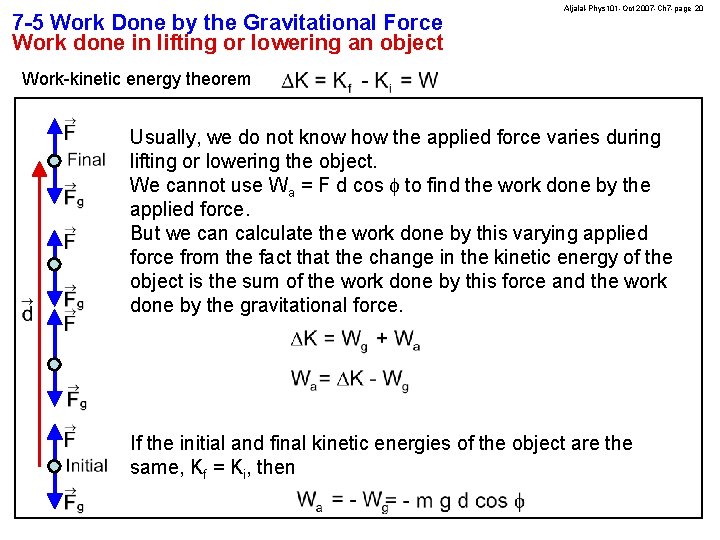 7 -5 Work Done by the Gravitational Force Work done in lifting or lowering