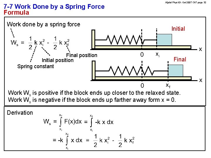 7 -7 Work Done by a Spring Force Formula Work done by a spring