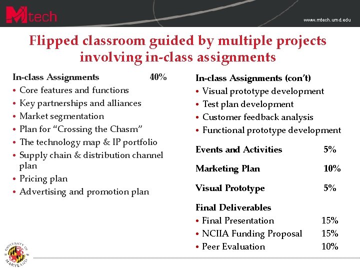 www. mtech. umd. edu Flipped classroom guided by multiple projects involving in-class assignments In-class www. mtech. umd. edu Flipped classroom guided by multiple projects involving in-class assignments In-class