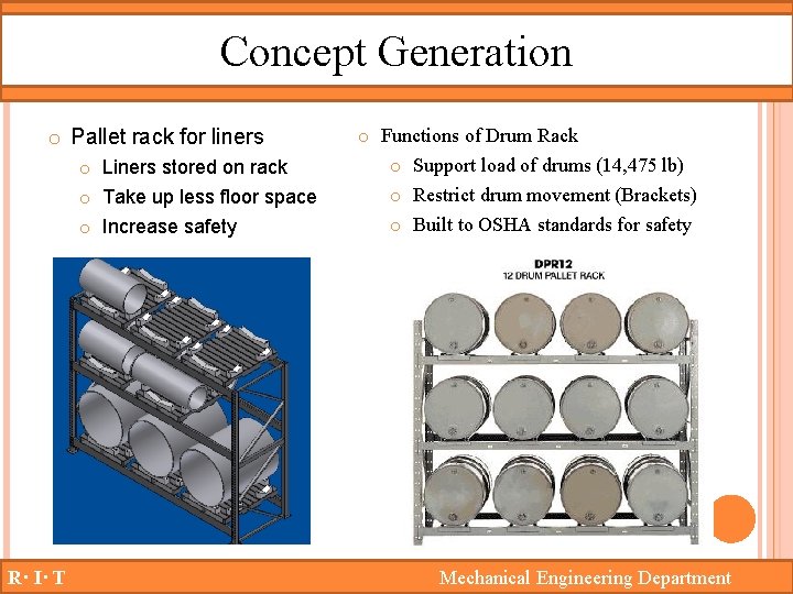 Concept Generation o Pallet rack for liners o Liners stored on rack o Take