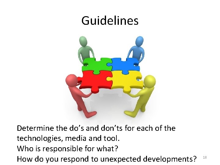 Guidelines Determine the do’s and don’ts for each of the technologies, media and tool.