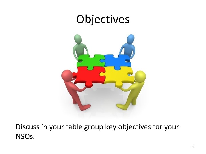 Objectives Discuss in your table group key objectives for your NSOs. 8 