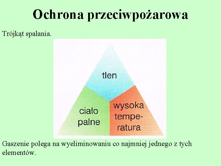 Ochrona przeciwpożarowa Trójkąt spalania. Gaszenie polega na wyeliminowaniu co najmniej jednego z tych elementów. Ochrona przeciwpożarowa Trójkąt spalania. Gaszenie polega na wyeliminowaniu co najmniej jednego z tych elementów.