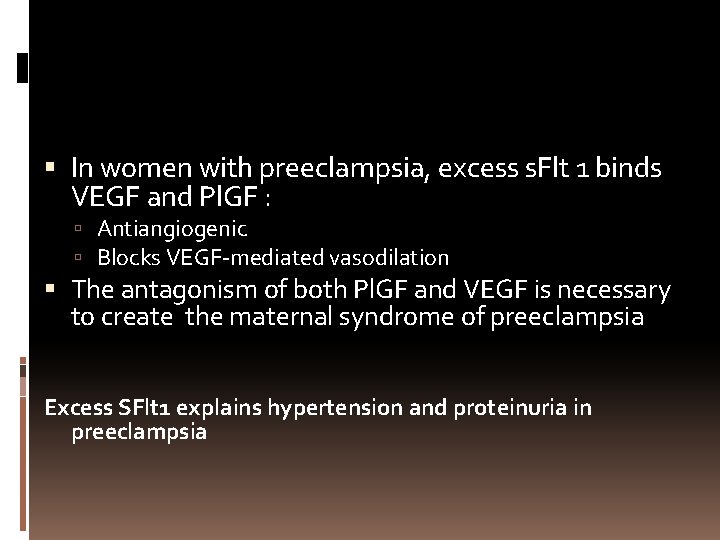  In women with preeclampsia, excess s. Flt 1 binds VEGF and Pl. GF