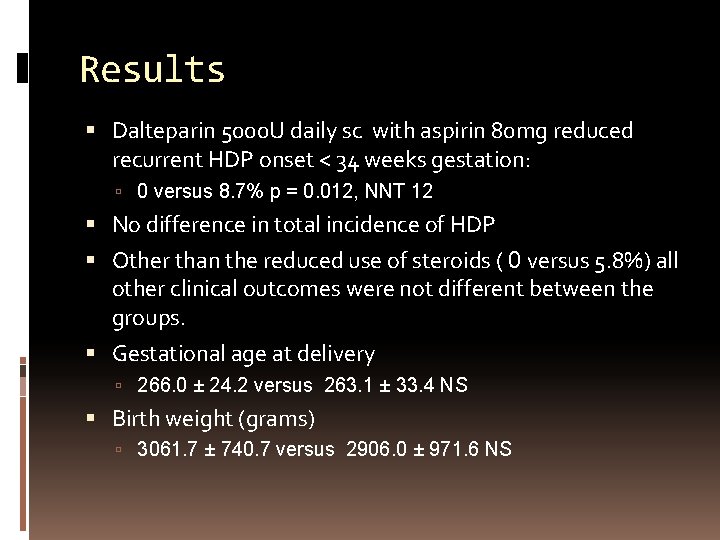 Results Dalteparin 5000 U daily sc with aspirin 80 mg reduced recurrent HDP onset