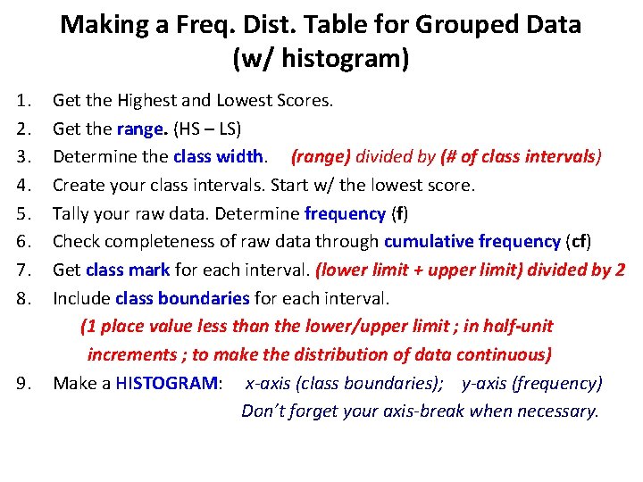 Making a Freq. Dist. Table for Grouped Data (w/ histogram) 1. 2. 3. 4.