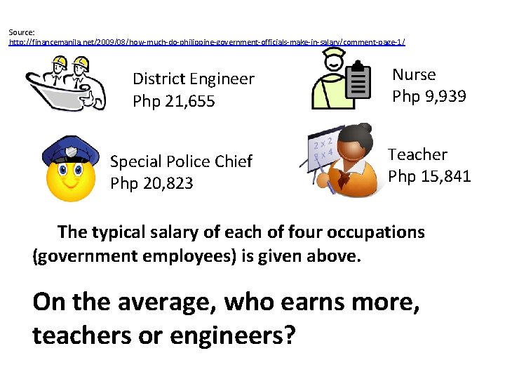 Source: http: //financemanila. net/2009/08/how-much-do-philippine-government-officials-make-in-salary/comment-page-1/ District Engineer Php 21, 655 Nurse Php 9, 939 Special