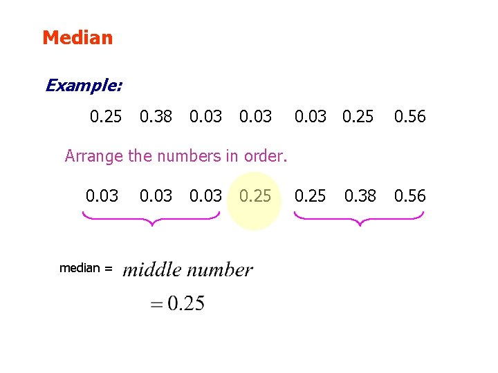 Median Example: 0. 25 0. 38 0. 03 0. 25 0. 56 Arrange the
