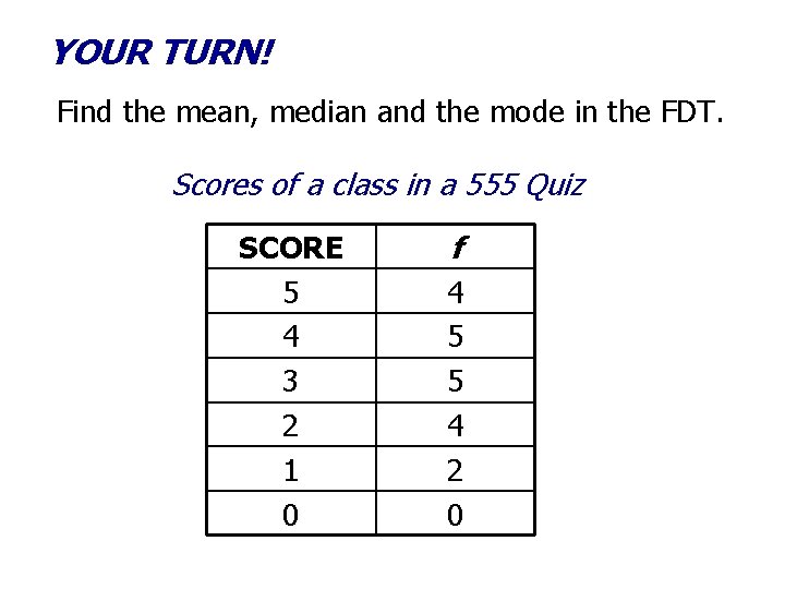 YOUR TURN! Find the mean, median and the mode in the FDT. Scores of