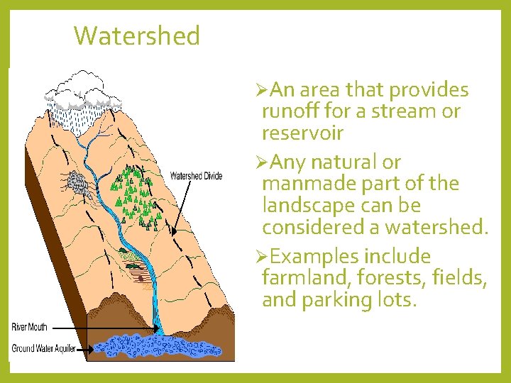 Watershed ØAn area that provides runoff for a stream or reservoir ØAny natural or