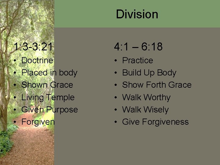 Division 1: 3 -3: 21 4: 1 – 6: 18 • • • Doctrine