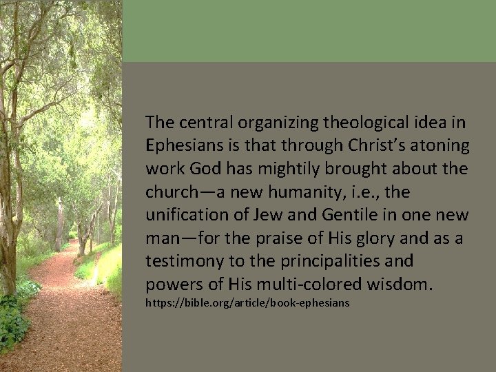 The central organizing theological idea in Ephesians is that through Christ’s atoning work God