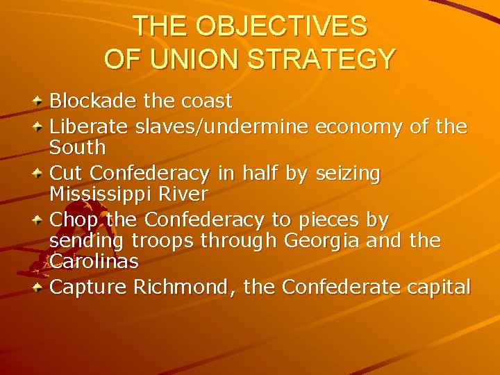 THE OBJECTIVES OF UNION STRATEGY Blockade the coast Liberate slaves/undermine economy of the South
