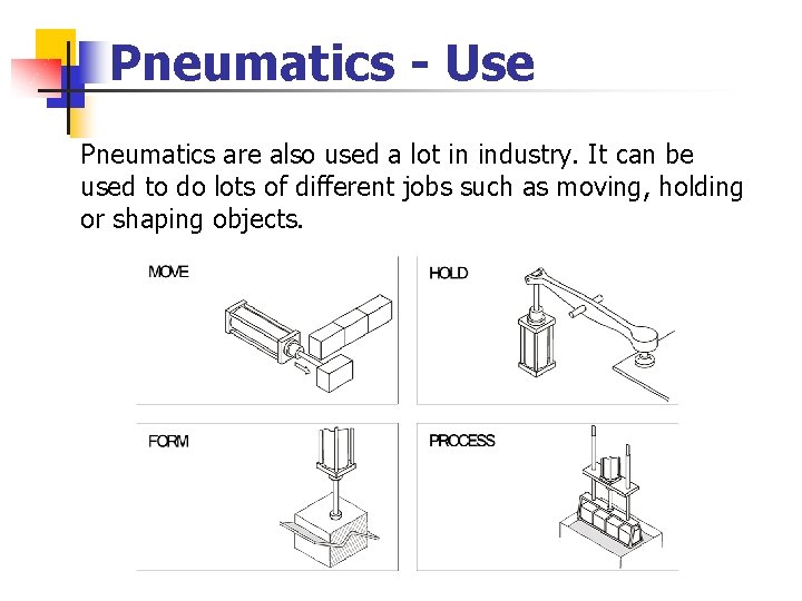 Pneumatics - Use Pneumatics are also used a lot in industry. It can be