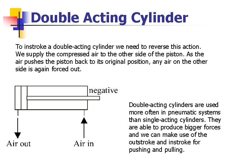 Double Acting Cylinder To instroke a double-acting cylinder we need to reverse this action.