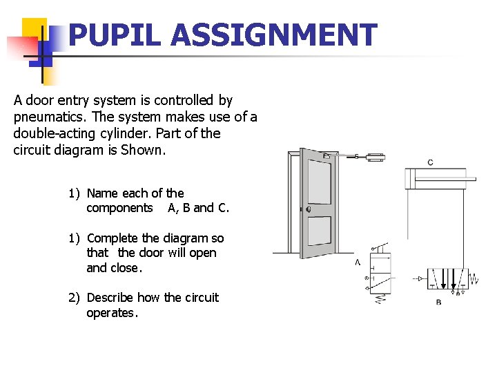 PUPIL ASSIGNMENT A door entry system is controlled by pneumatics. The system makes use