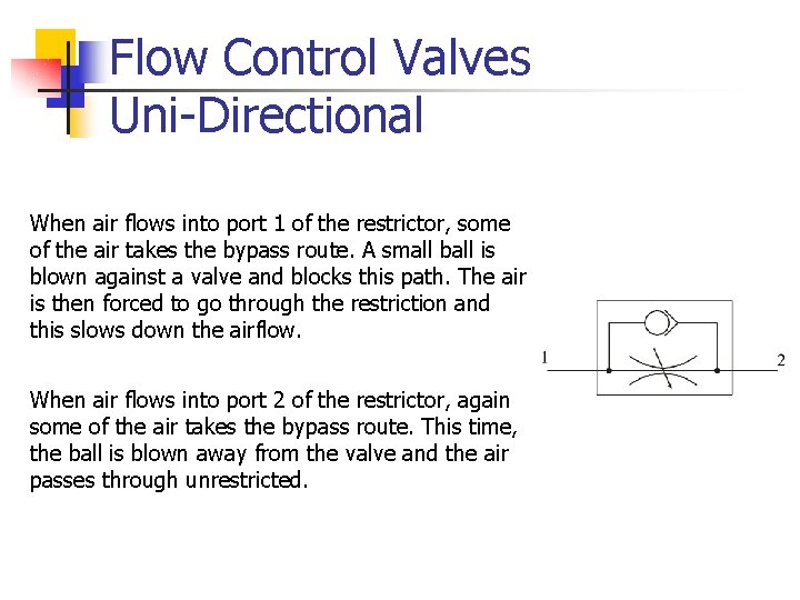 Flow Control Valves Uni-Directional When air flows into port 1 of the restrictor, some