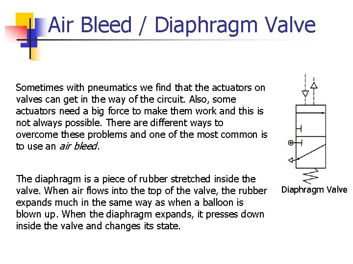 Air Bleed / Diaphragm Valve Sometimes with pneumatics we find that the actuators on