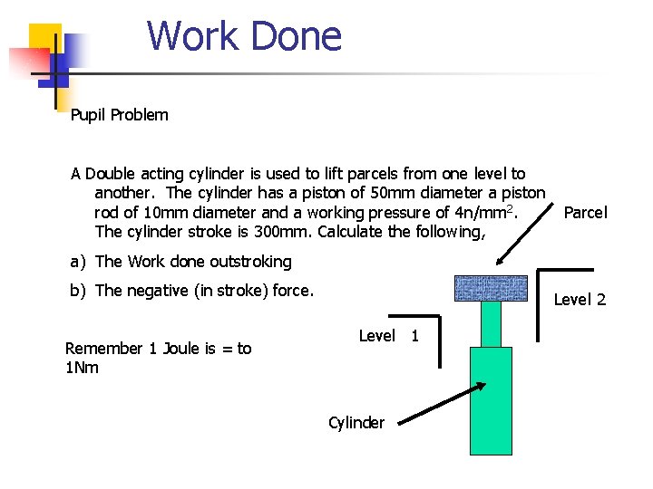Work Done Pupil Problem A Double acting cylinder is used to lift parcels from