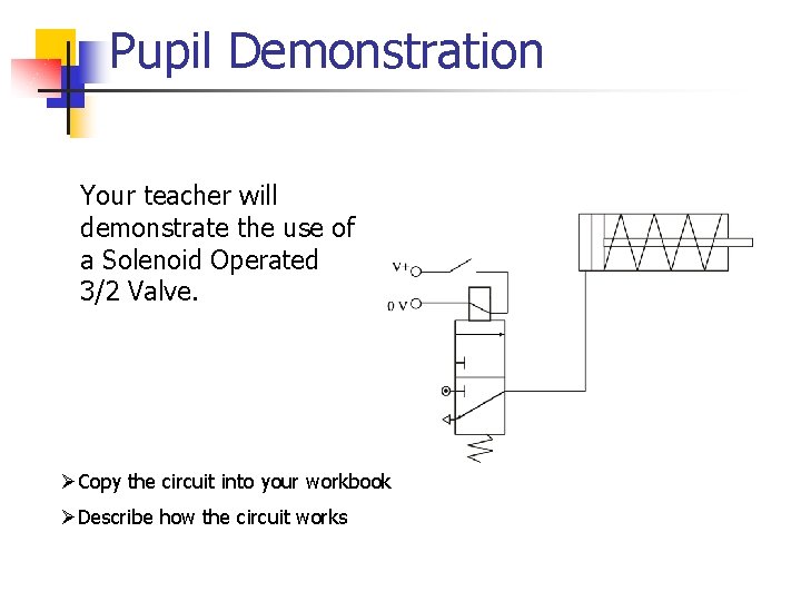 Pupil Demonstration Your teacher will demonstrate the use of a Solenoid Operated 3/2 Valve.