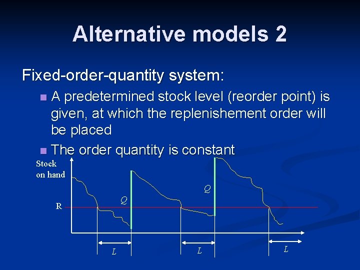 Alternative models 2 Fixed-order-quantity system: A predetermined stock level (reorder point) is given, at