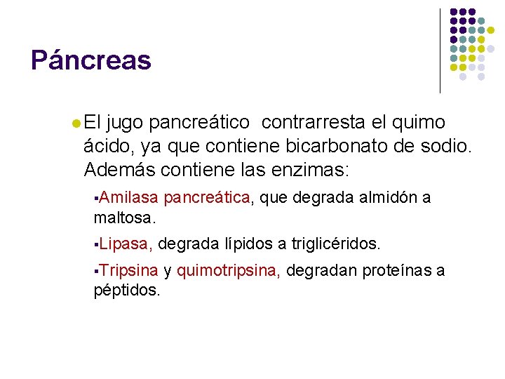 Páncreas l El jugo pancreático contrarresta el quimo ácido, ya que contiene bicarbonato de