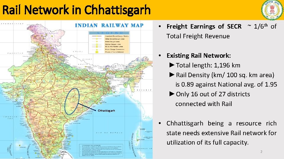 Rail Network in Chhattisgarh • Freight Earnings of SECR ~ 1/6 th of Total