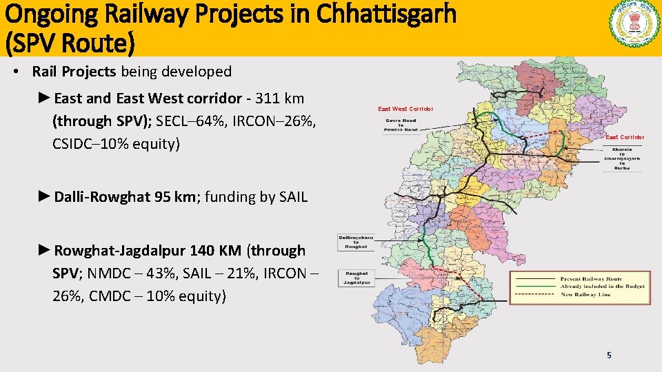 Ongoing Railway Projects in Chhattisgarh (SPV Route) • Rail Projects being developed ►East and