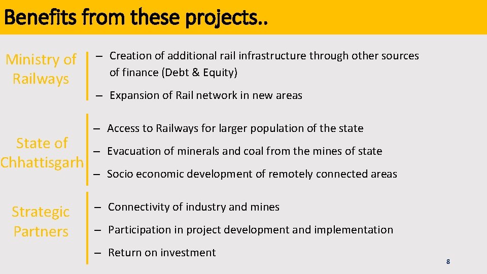 Benefits from these projects. . Ministry of Railways State of Chhattisgarh Strategic Partners –