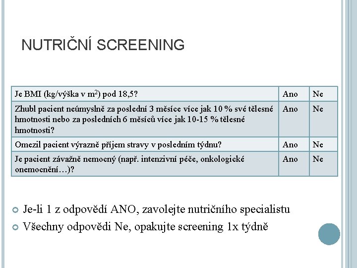 NUTRIČNÍ SCREENING Je BMI (kg/výška v m 2) pod 18, 5? Ano Ne Zhubl