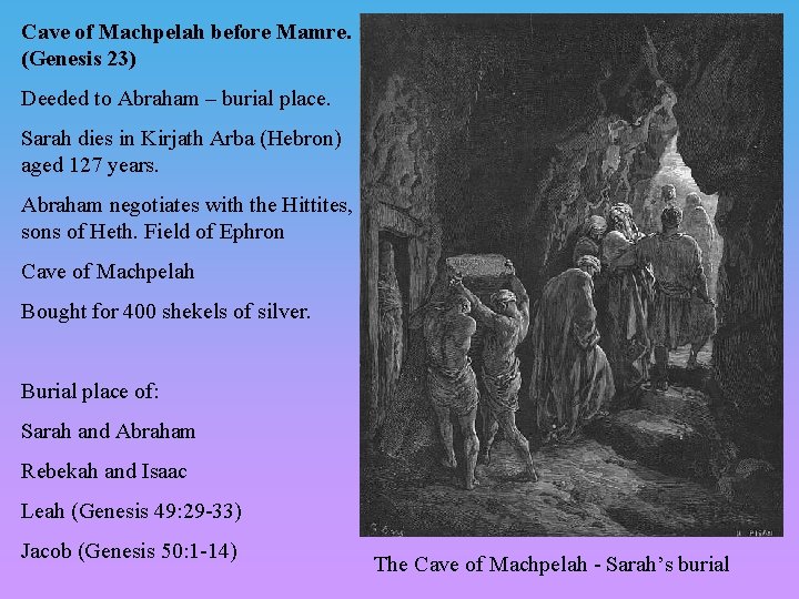 Cave of Machpelah before Mamre. (Genesis 23) Deeded to Abraham – burial place. Sarah Cave of Machpelah before Mamre. (Genesis 23) Deeded to Abraham – burial place. Sarah