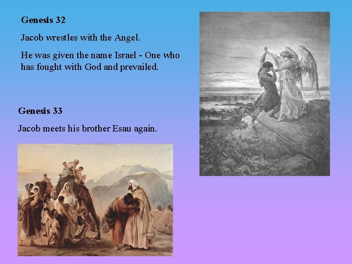 Genesis 32 Jacob wrestles with the Angel. He was given the name Israel - Genesis 32 Jacob wrestles with the Angel. He was given the name Israel -