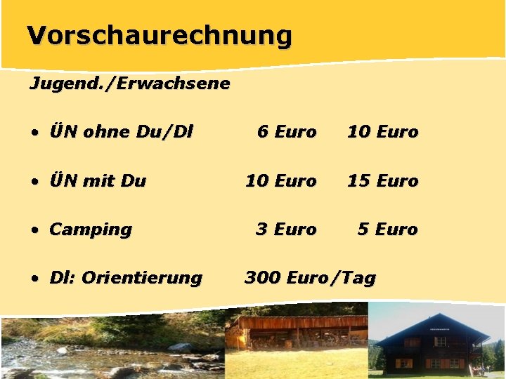 Vorschaurechnung Jugend. /Erwachsene • ÜN ohne Du/Dl • ÜN mit Du • Camping •