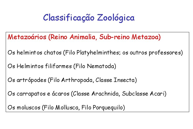 Classificação Zoológica Metazoários (Reino Animalia, Sub-reino Metazoa) Os helmintos chatos (Filo Platyhelminthes; os outros