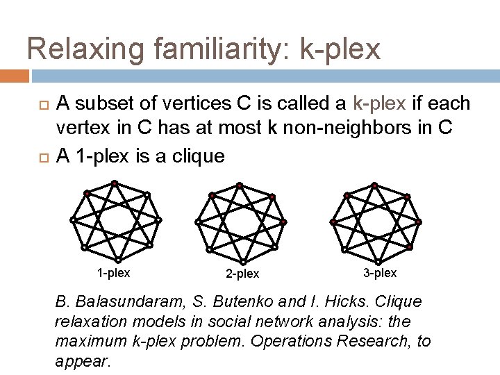 Relaxing familiarity: k-plex A subset of vertices C is called a k-plex if each