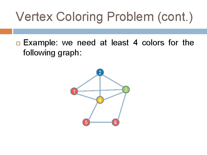 Vertex Coloring Problem (cont. ) Example: we need at least 4 colors for the