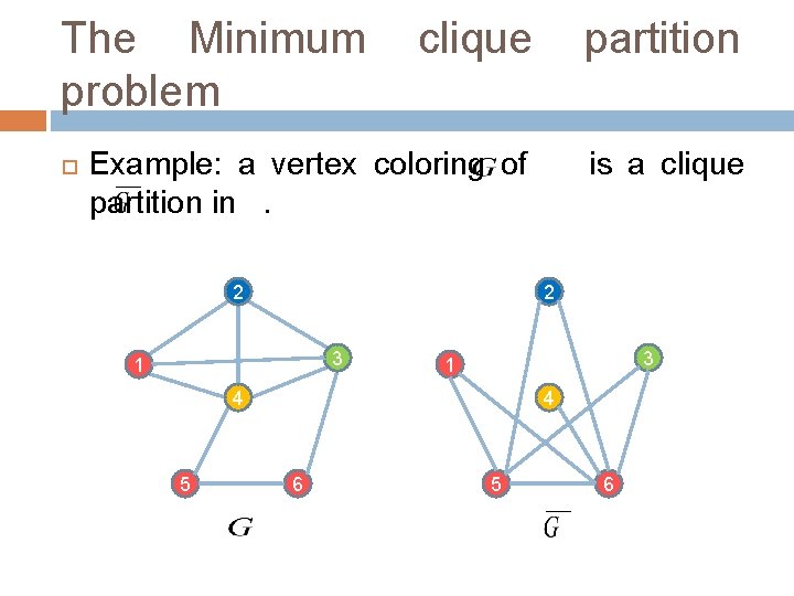 The Minimum clique partition problem Example: a vertex coloring of is a clique partition